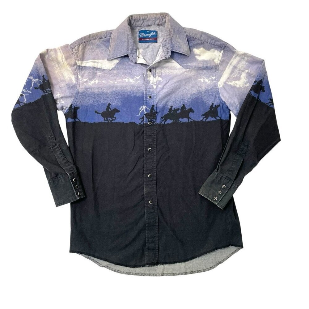 Vintage Wrangler Western Shirt Pearl Snap Rodeo Cowboy Horses Print size Medium